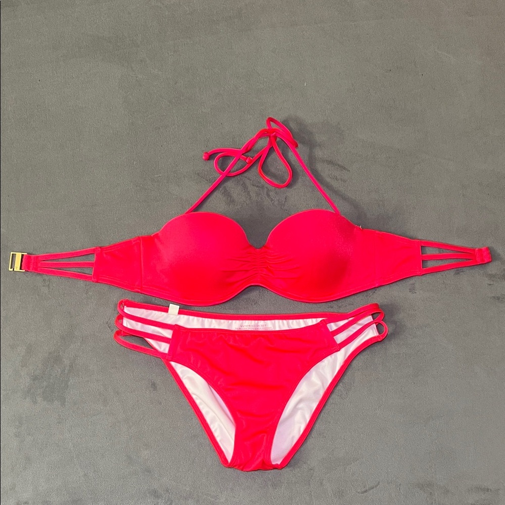 Victoria's Secret Hot Pink The Push-up Beach Bandeau and Knockout Bikini 34C / M - Picture 8 of 13